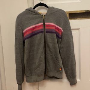 Aviator nation grey hoodie. Pink and purple stripes.